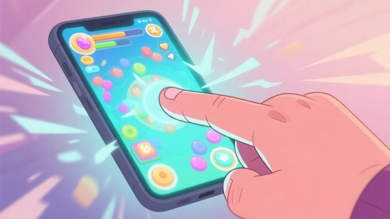 自动生成图片: A close-up of a frustrated hand tapping rapidly on a glowing smartphone screen, with a chaotic and colorful game interface visible, soft pastel color palette, illustrated in a semi-realistic cartoon style high quality illustration, detailed, 16:9