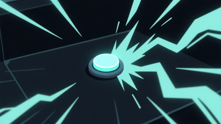 自动生成图片: A dynamic, minimalist game scene showing a single glowing button on a dark background, with rhythmic motion lines and impact waves emanating from it, conveying tension and action with a simple color palette high quality illustration, detailed, 16:9