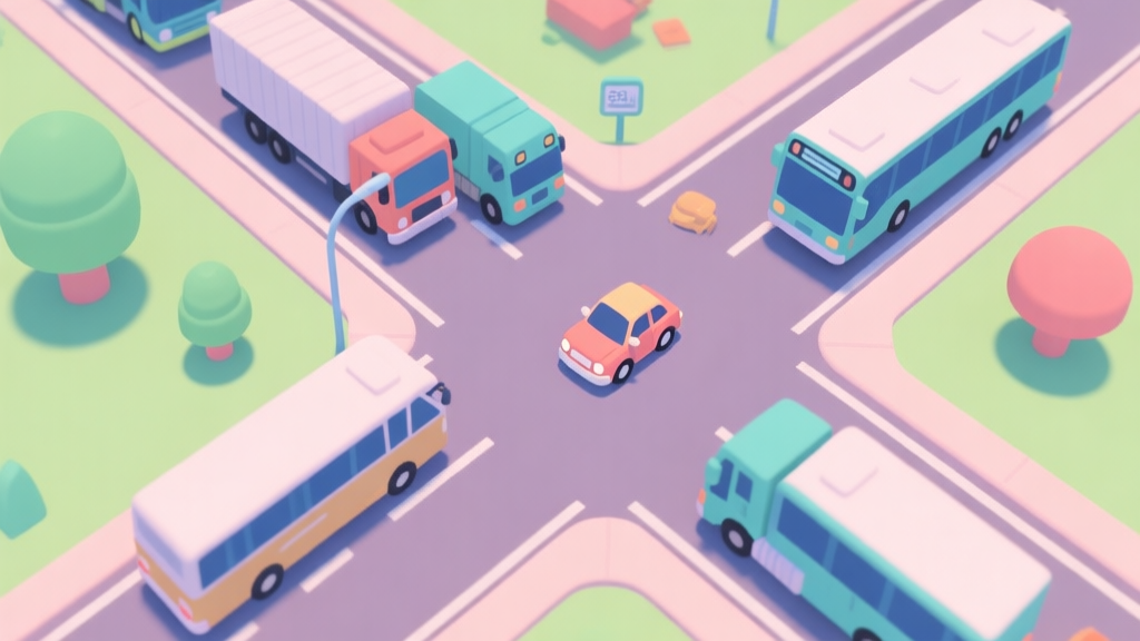 A top-down view of a colorful highway in a mobile game, with a small car surrounded by multiple larger trucks and buses, creating a feeling of being trapped, soft pastel colors, minimalist game art style high quality illustration, detailed, 16:9
