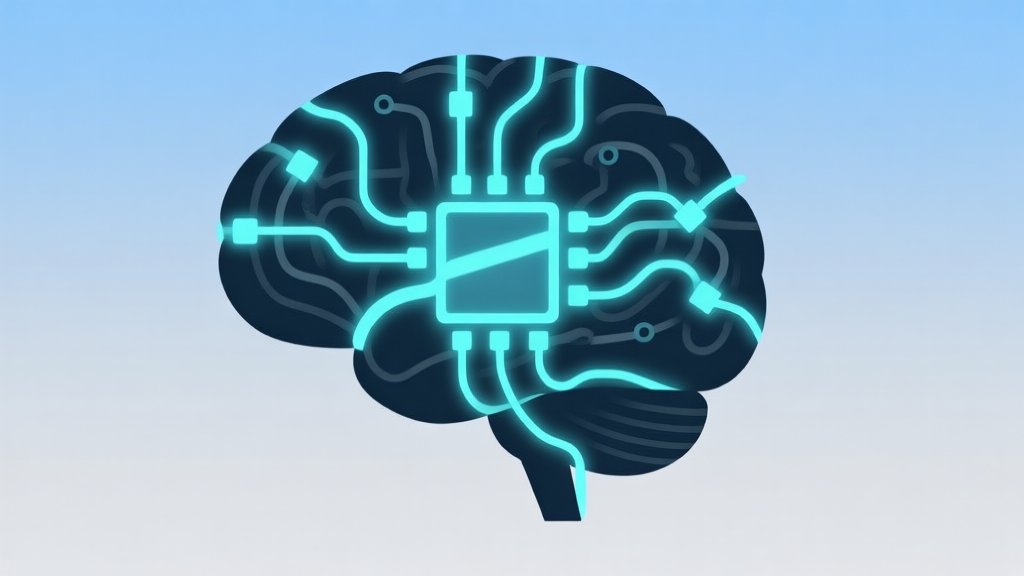 A minimalist, clean illustration of a brain with tangled, glowing logic gates and wires inside, against a soft blue and grey gradient background, symbolizing cognitive overload high quality illustration, detailed, 16:9
