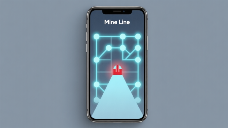 自动生成图片: A minimalist smartphone screen showing a geometric "Mine Line" style puzzle with glowing nodes and a faint, deceptive path leading to a red trap, soft blue and grey color scheme, flat design high quality illustration, detailed, 16:9
