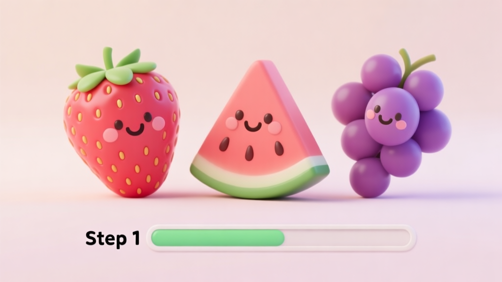 A cheerful, minimalist 3D scene of cute smiling fruits (strawberry, watermelon slice, grapes) on a soft pastel background, with a simple progress bar at the bottom showing "Step 1" high quality illustration, detailed, 16:9
