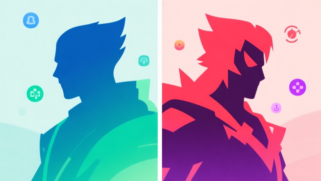 A split-screen illustration showing two contrasting game character silhouettes, one in cool blue/green tones radiating calm, the other in warm red/purple tones emitting intensity, with subtle color psychology icons floating around them, soft pastel background high quality illustration, detailed, 16:9