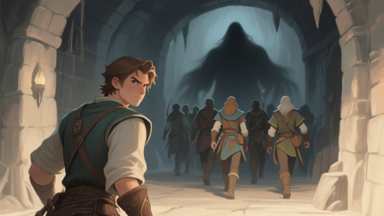 自动生成图片: A dramatic yet soft-toned illustration of a fantasy adventuring party facing a looming shadow in a dungeon, with one member looking back at the viewer with a determined expression, muted colors, painterly style high quality illustration, detailed, 16:9
