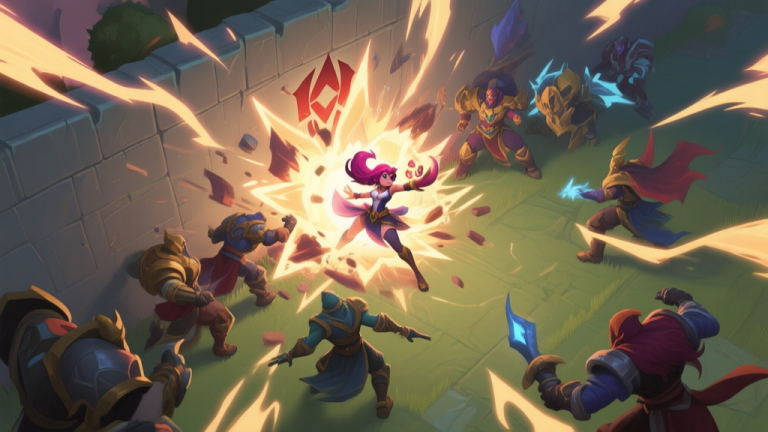 自动生成图片: Dynamic game scene illustration, Marci from Dota 2 using her ultimate 'Unleash' on multiple heroes against a wall, chaotic energy effects, muted color palette with highlights on the impact zone, top-down strategic view high quality illustration, detailed, 16:9