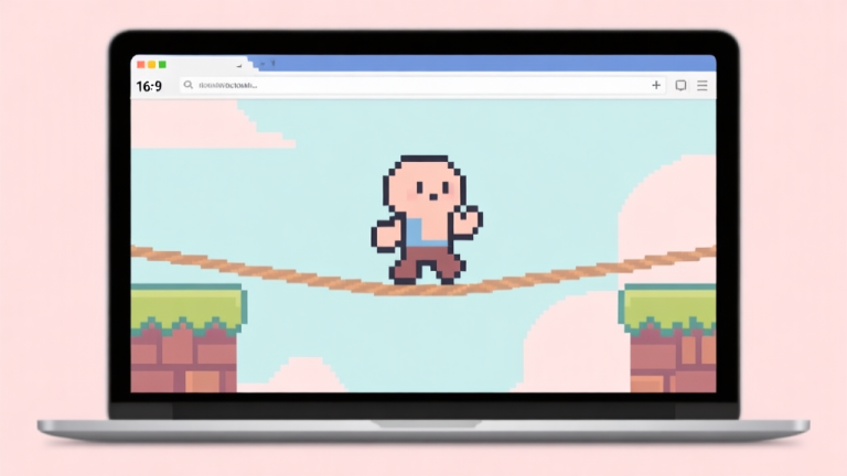 自动生成图片: A minimalist browser window on a laptop screen, showing a simple, charming pixel-art game character balancing on a rope, soft pastel background, clean and inviting aesthetic high quality illustration, detailed, 16:9