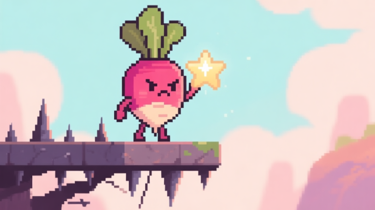 自动生成图片: Cute pixel art scene of Dadish the radish character standing on a precarious platform over spikes, looking determined, with a hidden star shimmering subtly in the background, soft pastel colors high quality illustration, detailed, 16:9