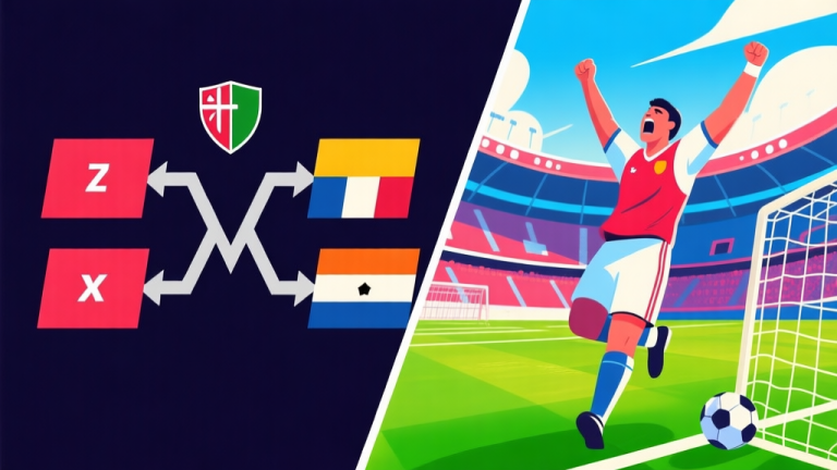自动生成图片: Dynamic split-screen illustration showing a tense tournament bracket on one side and a player celebrating a goal on the other, with a football stadium background, using a vibrant but balanced color palette high quality illustration, detailed, 16:9