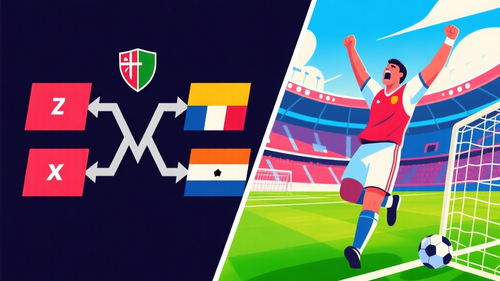 Dynamic split-screen illustration showing a tense tournament bracket on one side and a player celebrating a goal on the other, with a football stadium background, using a vibrant but balanced color palette high quality illustration, detailed, 16:9