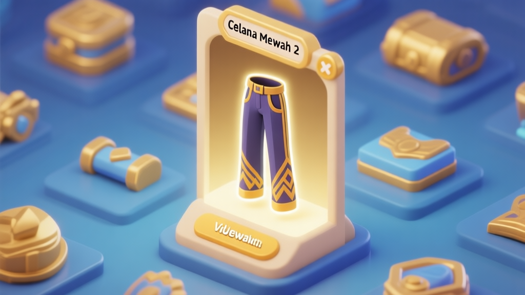A stylized, isometric view of a video game inventory screen, highlighting a pair of uniquely designed pants (Celana Mewah 2) with a subtle glow, surrounded by other common items. Soft gold and blue color palette, clean interface. high quality illustration, detailed, 16:9