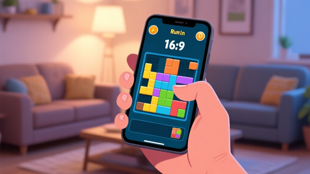 A frustrated hand holding a smartphone showing a chaotic connect puzzle game level, with a timer about to run out, in a cozy living room setting, soft lighting high quality illustration, detailed, 16:9
