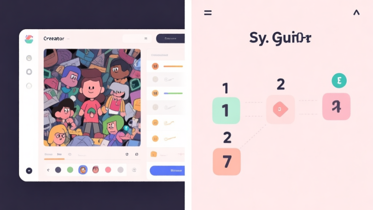 自动生成图片: A split-screen illustration showing a cluttered, overwhelming character creator interface on one side, and a clean, simple, step-by-step guide with numbered icons on the other, in a soft pastel color palette high quality illustration, detailed, 16:9