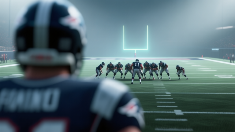 自动生成图片: A dramatic, soft-focus video game screenshot from a football simulation, viewed from behind the quarterback on 4th down. The defensive line is blurred in the foreground, with the end zone glowing faintly in the distance. The overall mood is tense and decisive, with a cool, muted color palette. high quality illustration, detailed, 16:9