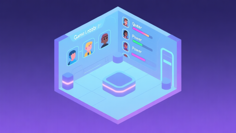 自动生成图片: A minimalist isometric illustration of a futuristic game lobby interface, showing a queue list with player avatars and power levels, soft blue and purple glow, clean lines high quality illustration, detailed, 16:9
