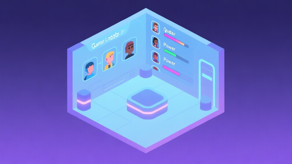 A minimalist isometric illustration of a futuristic game lobby interface, showing a queue list with player avatars and power levels, soft blue and purple glow, clean lines high quality illustration, detailed, 16:9