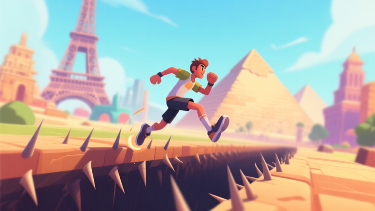 自动生成图片: A dynamic side-scrolling video game scene with a stylized runner character mid-jump over a spike pit, vibrant global landmarks like the Eiffel Tower and pyramids blurred in the background, action-packed and energetic, soft color palette high quality illustration, detailed, 16:9