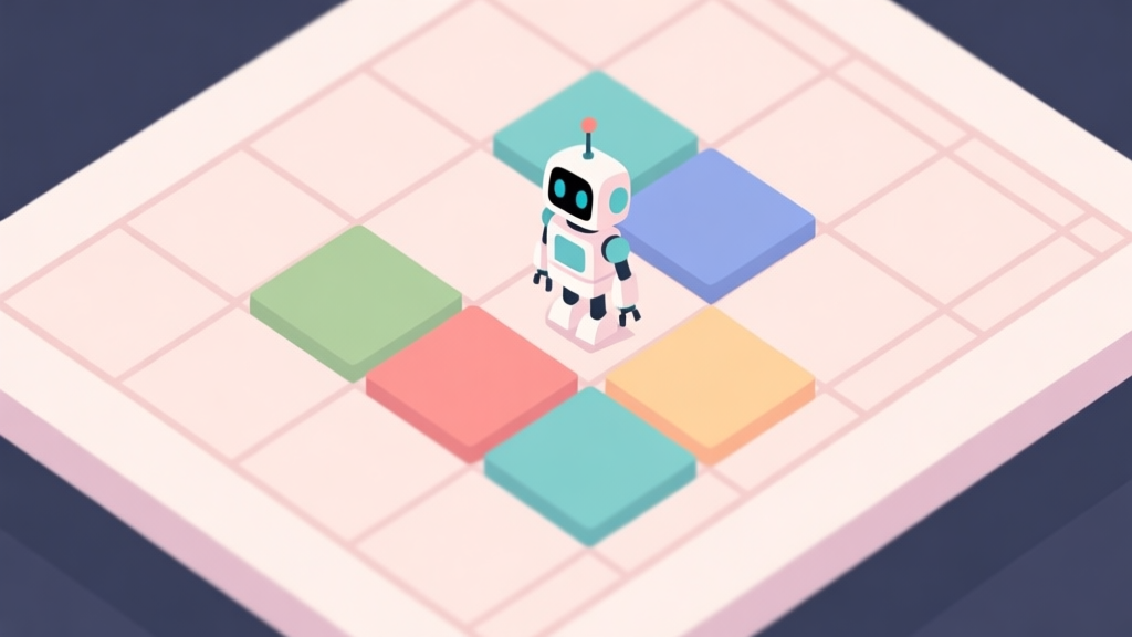 A minimalist, top-down view of a simple Odd Bot Out level puzzle grid with a small robot and colored tiles, soft pastel color palette, clean lines, flat design style high quality illustration, detailed, 16:9