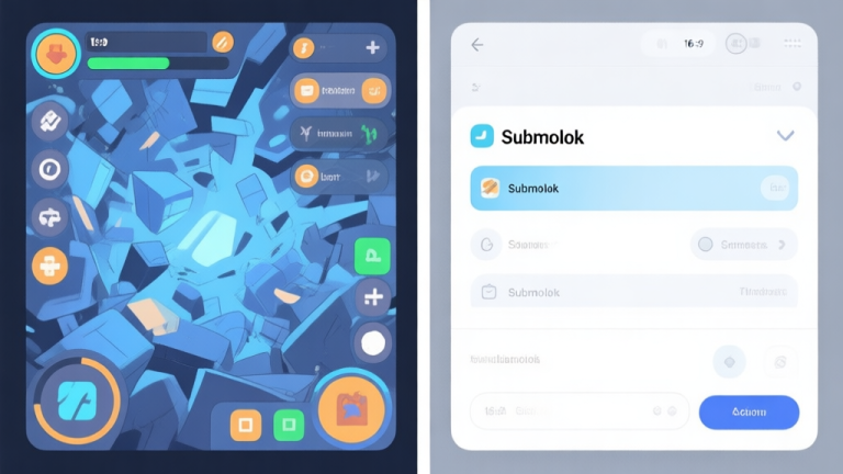 自动生成图片: A split-screen illustration showing a chaotic game UI on one side and a clean, organized interface with highlighted "Submolok" elements on the other, using a soft color palette of blues and grays high quality illustration, detailed, 16:9