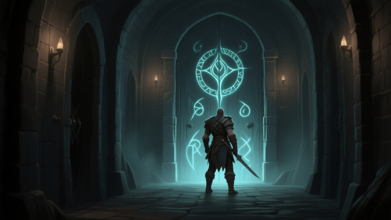 自动生成图片: A dimly lit dungeon corridor in a dark fantasy game style, with a lone, battle-worn warrior character standing before a massive, ominous door glowing with magical runes, soft atmospheric lighting, muted colors high quality illustration, detailed, 16:9