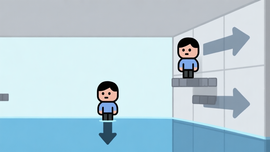 A minimalist 2D game scene showing a stylized character standing on the bottom of the screen, with gravity arrows pointing downwards, and another identical character standing on the right wall with gravity arrows pointing to the right, all in a clean puzzle game aesthetic with soft blues and grays high quality illustration, detailed, 16:9