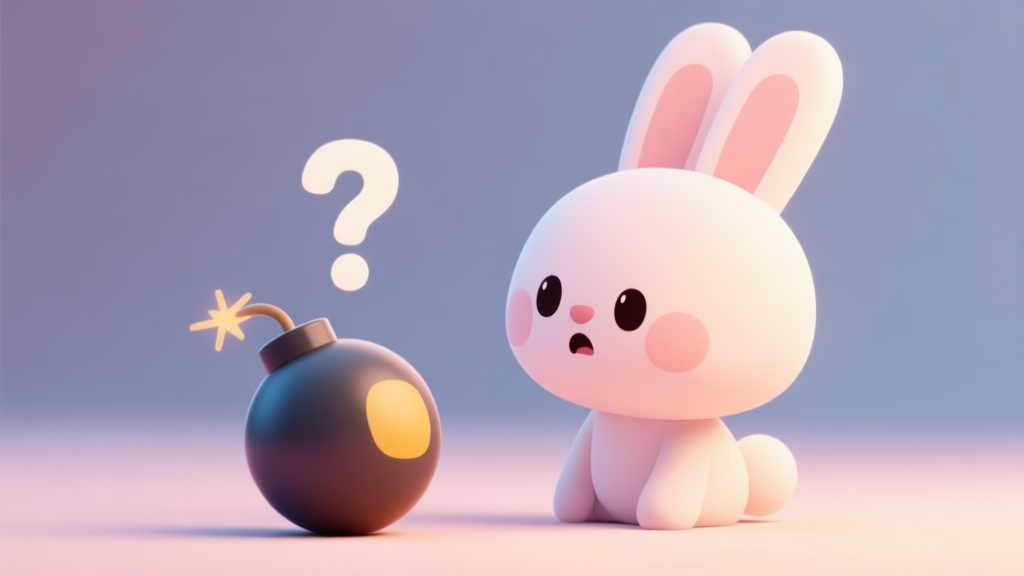 A cute cartoon bunny character looking cautiously at a ticking bomb with a question mark above its head, pastel color scheme, soft lighting, flat design style high quality illustration, detailed, 16:9