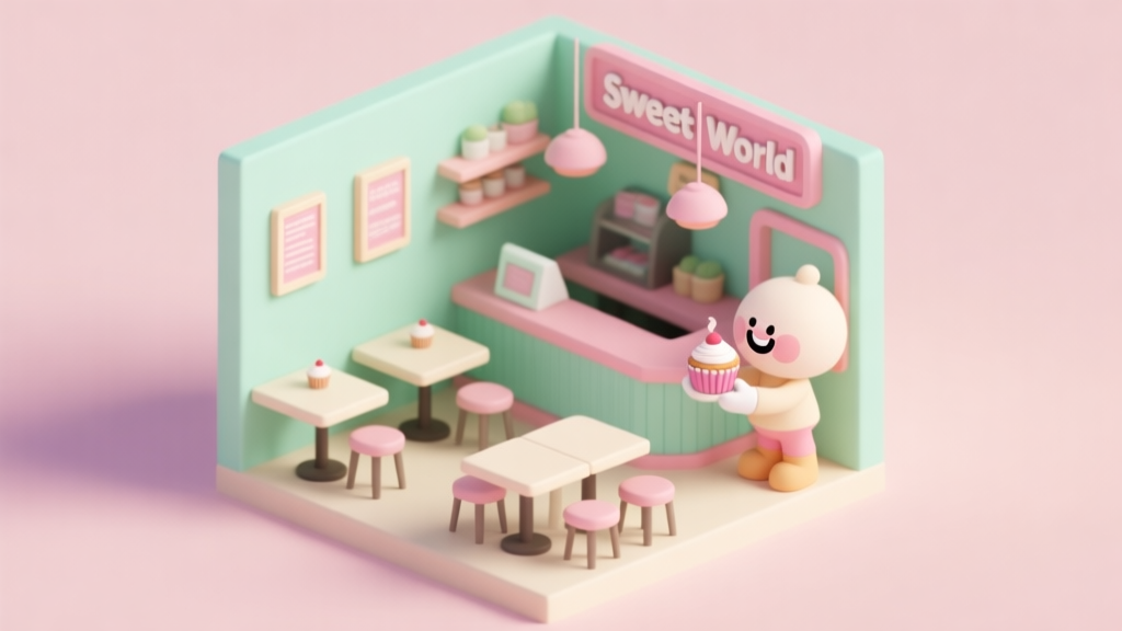 A cozy, inviting isometric view of a beginner's Sweet World cafe, with a few simple tables, a counter, and a smiling character holding a cupcake. Soft pastel color palette of mint green, light pink, and cream. high quality illustration, detailed, 16:9