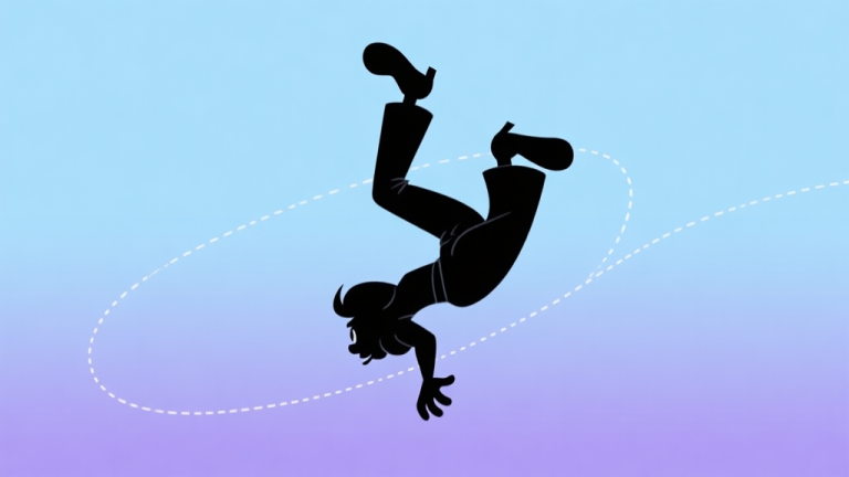 自动生成图片: A stylized silhouette of the Fancy Pants character mid-air, performing a stylish flip against a simple gradient background of soft blues and purples, with dashed lines suggesting a smooth, flowing trajectory high quality illustration, detailed, 16:9