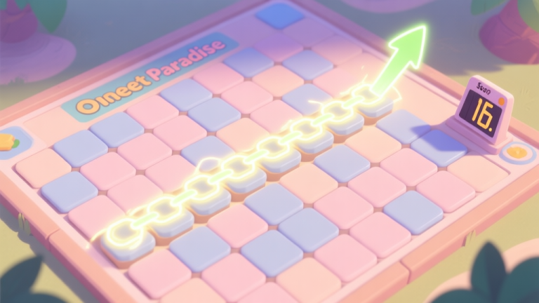 自动生成图片: A serene, top-down view of a Oneet Paradise game board in soft pastel colors, showing a perfect chain of connected tiles glowing with combo energy, with a simple score counter dramatically increasing in the corner high quality illustration, detailed, 16:9