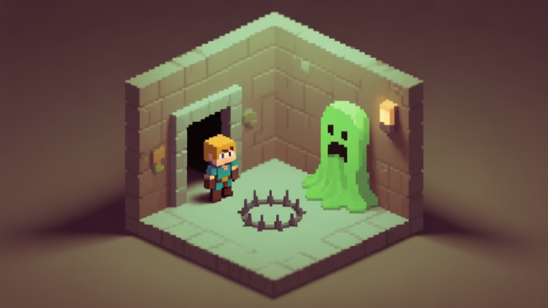 自动生成图片: A minimalist, isometric view of a small pixel-art dungeon room with a tiny hero character standing at the entrance, looking at a simple spike trap and a slime enemy, soft green and brown color palette, calm lighting high quality illustration, detailed, 16:9