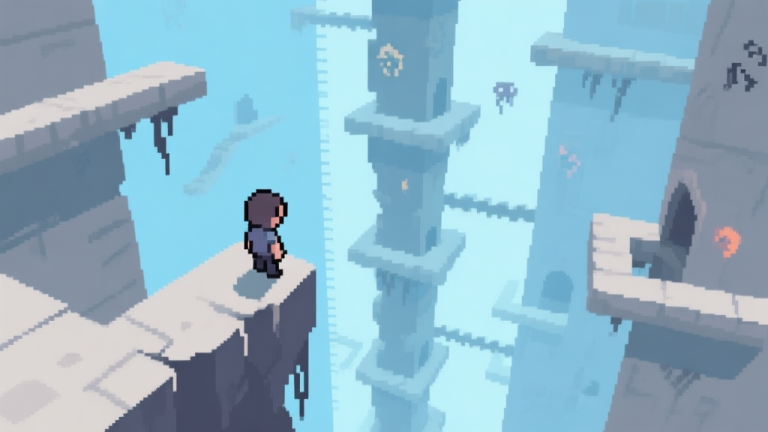 自动生成图片: A stylized, minimalist video game scene showing a lone pixel-art character on a precarious ledge, looking down a complex, vertically scrolling level with moving platforms and hazards, in a soft color palette of blues and greys high quality illustration, detailed, 16:9