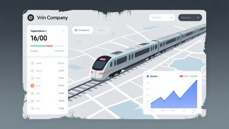 自动生成图片: A minimalist, slightly distressed game UI overlay showing a virtual train company's financial dashboard with negative balance, a stalled train on a map, and a downward trending graph, in a soft, muted color palette of greys and blues high quality illustration, detailed, 16:9