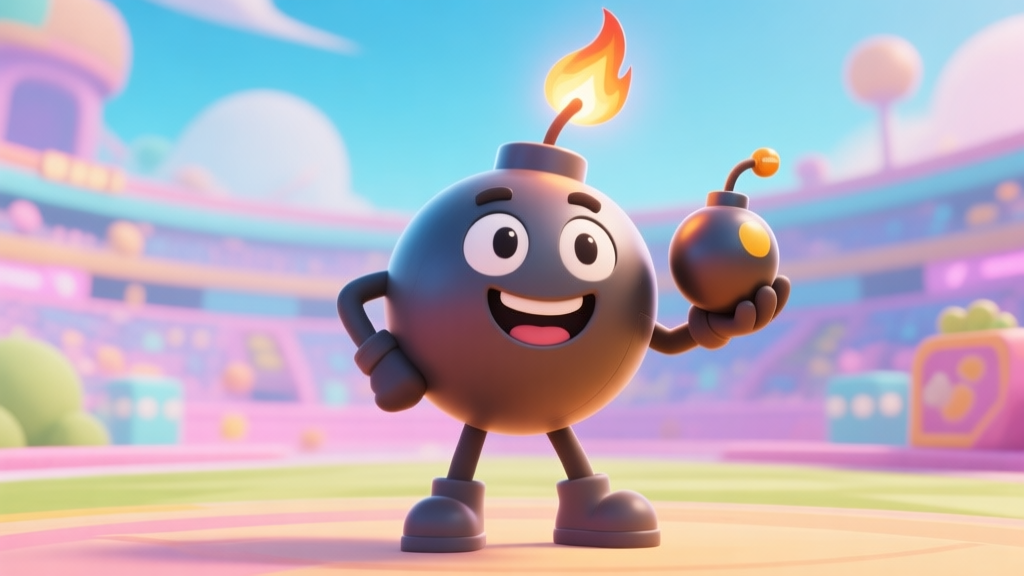 A cheerful, cartoonish bomb character with a fuse on its head, standing confidently in a vibrant game arena, holding a smaller bomb, soft pastel colors, dynamic pose high quality illustration, detailed, 16:9