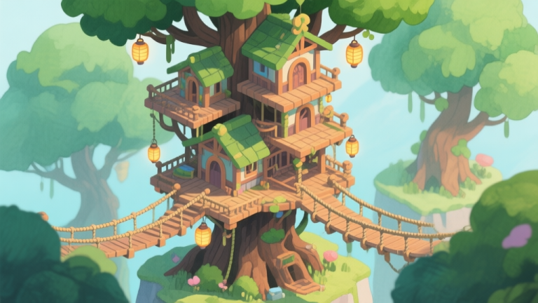自动生成图片: A serene, isometric view of a complex and beautiful treehouse nestled among large, lush green trees, with multiple levels, rope bridges, and lanterns, in a soft watercolor game art style high quality illustration, detailed, 16:9