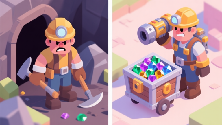 自动生成图片: A split-screen illustration showing a frustrated miner with basic tools on one side, and a confident miner with advanced gear and a full cart of gems on the other, soft pastel color palette, isometric game art style high quality illustration, detailed, 16:9