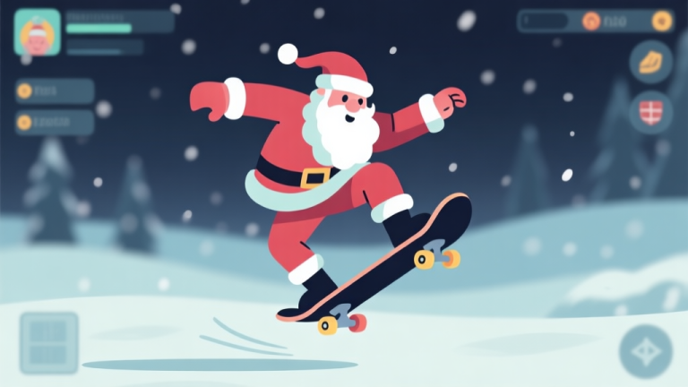 自动生成图片: A stylized, cool Santa character in a dynamic kickflip pose mid-air on a skateboard, against a soft winter night background with subtle game UI elements, flat illustration style with muted holiday colors high quality illustration, detailed, 16:9