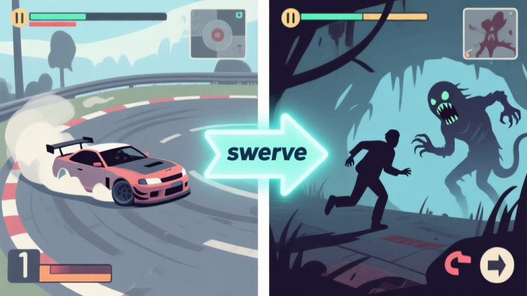 自动生成图片: Split-screen illustration showing a racing game scene on the left with a car skillfully drifting around a corner, and a survival horror game scene on the right with a character dodging a monster's lunge, connected by a central glowing arrow symbolizing the "swerve" technique, soft color palette with muted blues and greys high quality illustration, detailed, 16:9