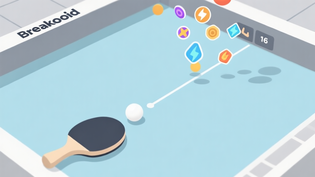 A minimalist, top-down view of a Breakoid game screen showing a paddle, a ball trajectory, and various power-up icons falling, with a soft blue and grey color scheme, clean lines high quality illustration, detailed, 16:9