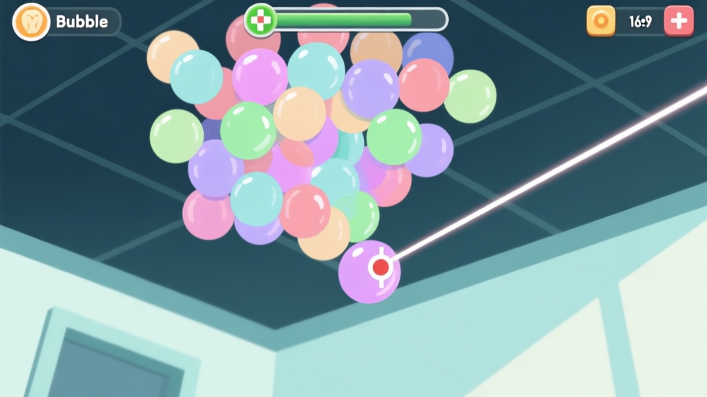 A close-up view of a Bubble Shooter game interface at a critical moment, showing a complex cluster of colored bubbles near the ceiling, with a targeting line drawn towards a key shot. Soft pastel colors for the bubbles, clean minimalist UI, focused and tense atmosphere high quality illustration, detailed, 16:9