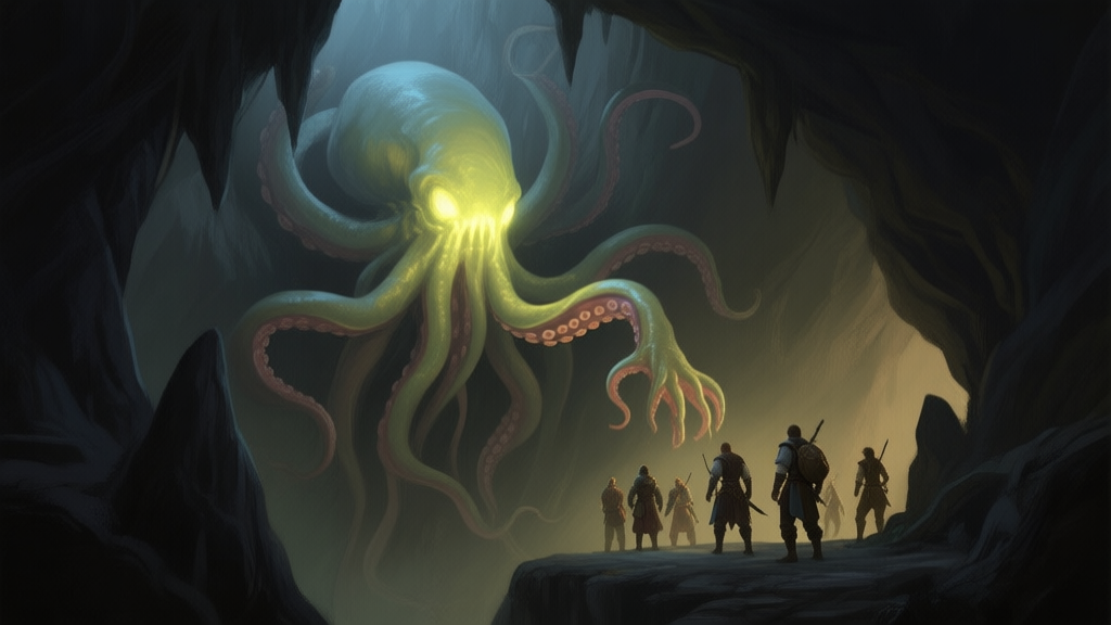 A dark fantasy game scene in a cavern, a glowing tentacle monster is partially hidden in the shadows, reaching down towards a group of adventurers. Soft lighting, muted colors, painterly style. high quality illustration, detailed, 16:9
