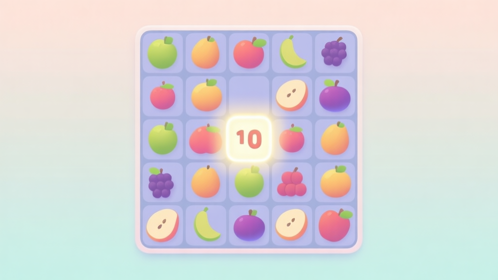 A calming, minimalist game interface of a merge puzzle. Soft-colored fruits and objects are neatly arranged on a grid, with one highlighted merge about to happen, creating a gentle glow. Pastel background. high quality illustration, detailed, 16:9