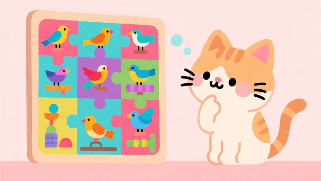 A cute cartoon cat looking thoughtfully at a vibrant puzzle board filled with colorful birds and obstacles, soft pastel background, flat illustration style high quality illustration, detailed, 16:9