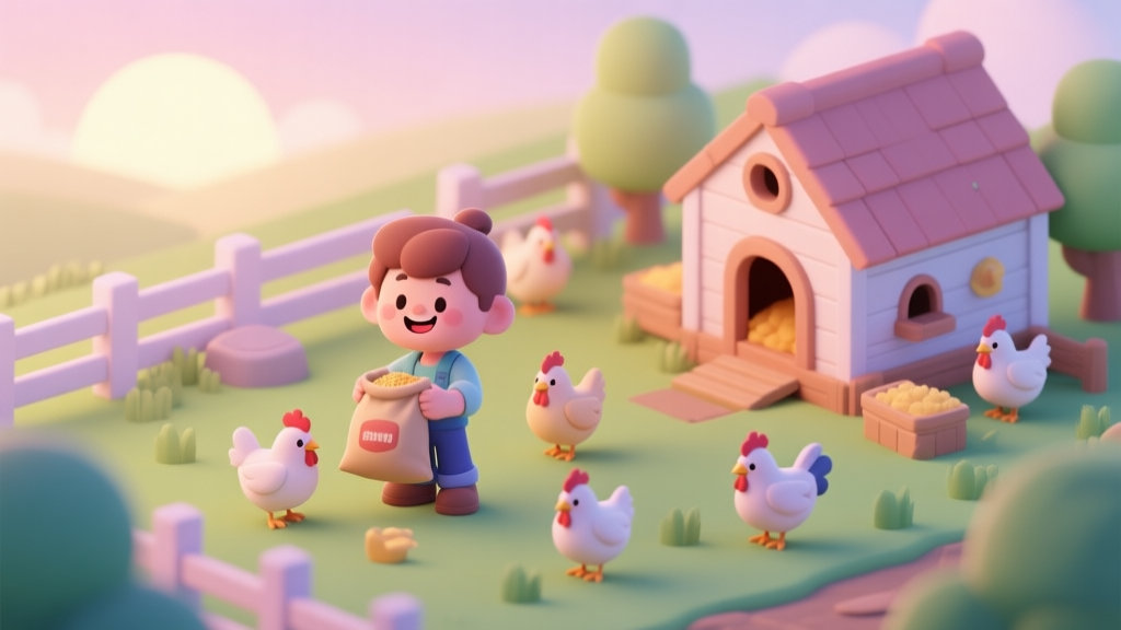 Charming mobile game scene of a cozy chicken farm at dawn, with cute cartoon chickens roaming, a neat coop, and a smiling beginner character holding a feed bag, soft pastel colors, isometric view high quality illustration, detailed, 16:9