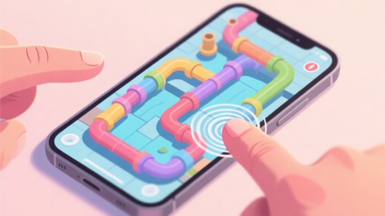 自动生成图片: A top-down view of a complex, colorful pipe puzzle level on a mobile phone screen, with frustrated finger taps creating ripple effects, in a soft pastel color palette high quality illustration, detailed, 16:9