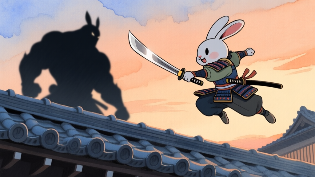 A determined cartoon rabbit samurai in a dynamic mid-air pose, katana drawn, facing a shadowy boss silhouette on a traditional Japanese rooftop at dusk, soft watercolor style with muted oranges and blues high quality illustration, detailed, 16:9