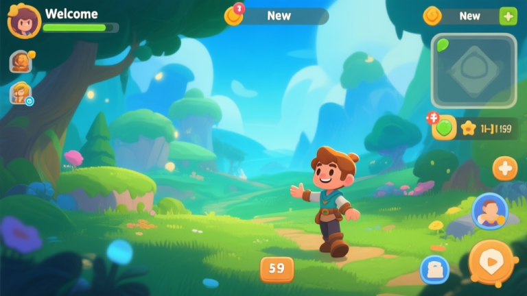 自动生成图片: A welcoming, softly lit game scene showing a friendly character guiding a new player through a vibrant, fantastical landscape, with clear UI elements and a gentle color palette of greens and blues high quality illustration, detailed, 16:9