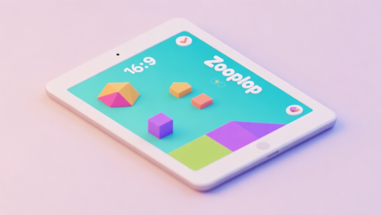 自动生成图片: A minimalist, clean 3D render of a colorful geometric "Zooplop" game interface on a tablet screen, showing abstract shapes and a simple score counter, soft pastel background, isometric view high quality illustration, detailed, 16:9