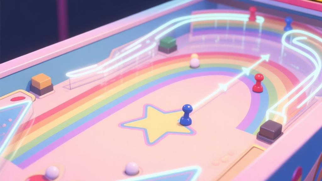 A stylized cross-section view of a Rainbow Star Pinball table, showing the invisible force vectors, bounce trajectories from bumpers, and the path of a pinball in motion, in a soft pastel color scheme with glowing edges high quality illustration, detailed, 16:9