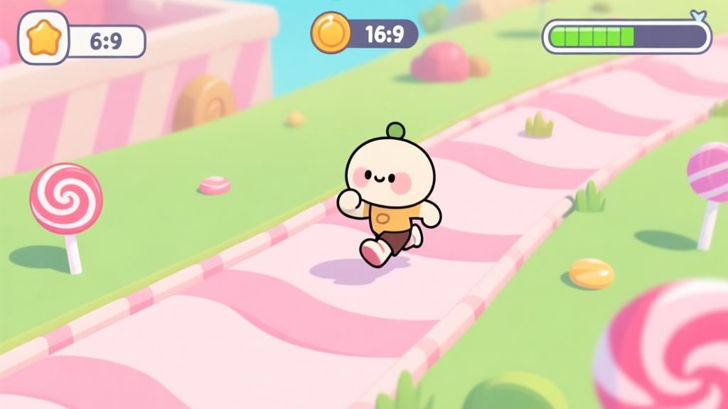 A vibrant, cute 2D game scene showing a character running on a candy-themed path, with simple UI elements like a score counter and a boost meter, soft pastel colors, clear visual hierarchy high quality illustration, detailed, 16:9