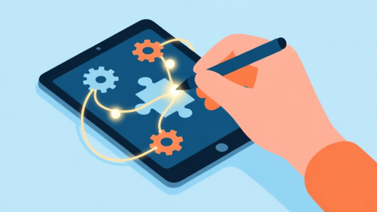 自动生成图片: A minimalist, clean illustration of a hand using a stylus to pull a glowing wire on a digital tablet, with simple puzzle elements like gears and lights connected by the wire, soft blue and orange color scheme high quality illustration, detailed, 16:9