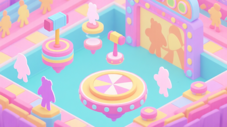 自动生成图片: A vibrant, isometric view of a colorful game show arena with floating platforms, spinning hammers, and cute character silhouettes, soft pastel color palette, cheerful and chaotic atmosphere high quality illustration, detailed, 16:9